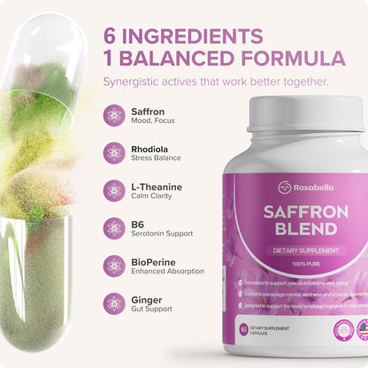 Rosabella Saffron Blend Supplement for Men & Women – Saffron, B6, Magnesium & Herbal Extract Capsules – Supports Mood, Focus & Clarity – Non-GMO, Gluten-Free – 60 Capsules – 30-Day Supply